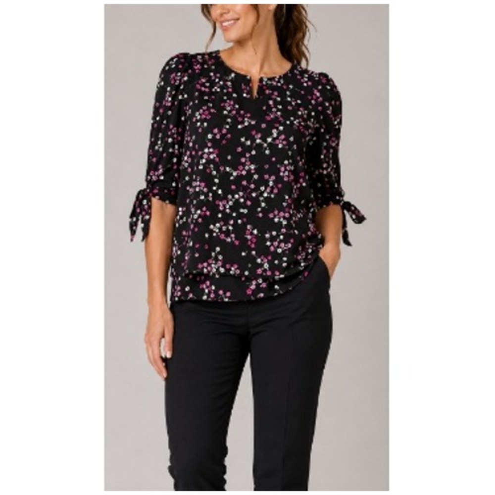 CeCe Women's‎ Black Pink Floral Round Neck Tie Sleeve Blouse Top Size S